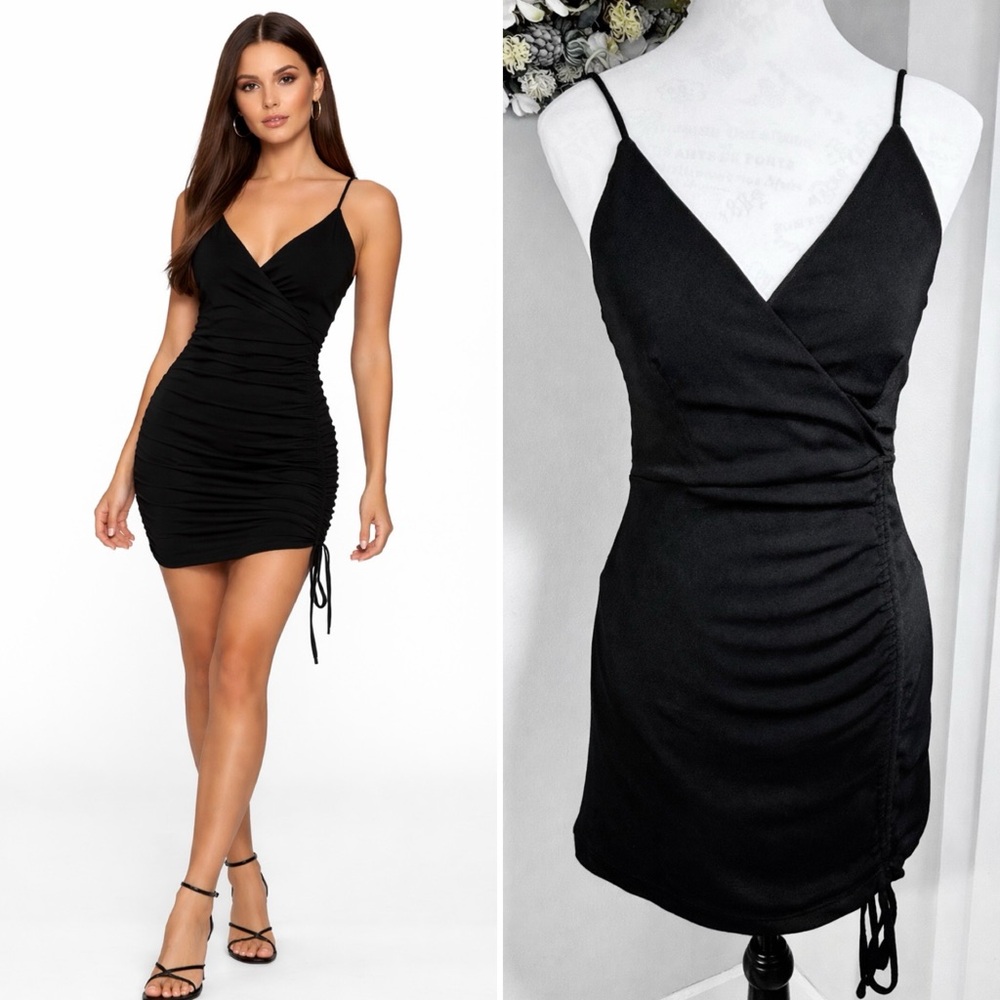 MABLE Black Side Ruched Self-Tie Strappy Knit BodyCon Mini LBD Dress Sz S💛